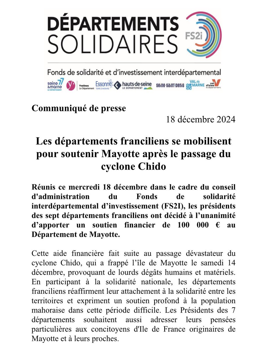 durovray's tweet photo. Avec mes homologues présidents de départements franciliens, nous débloquons une aide financière exceptionnelle de 100 000 € au Département de #Mayotte. La solidarité en actes ! https://t.co/X6zuGNE1xn
