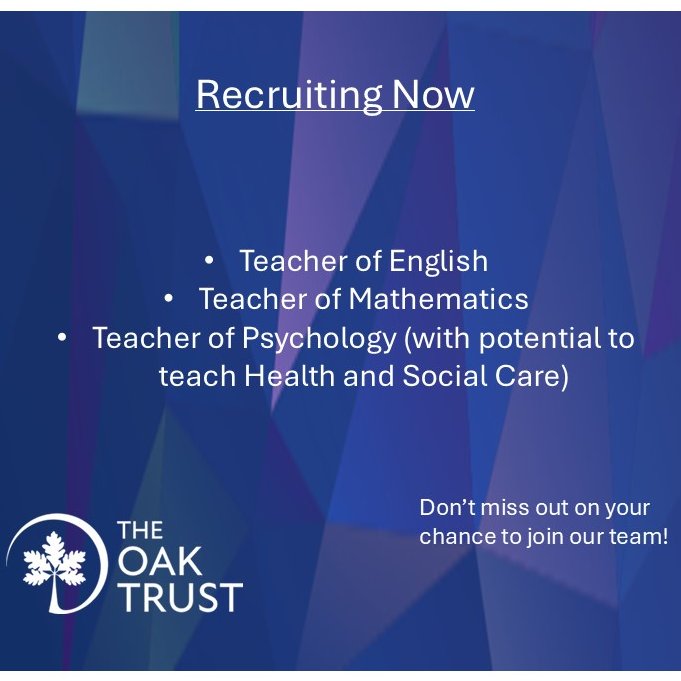 North Chadderton School are currently looking to appoint for the following vacancies

- Teacher of English
- Teacher of Maths
- Teacher of Psychology (with potential to teach Health and Social Care)

To find out more information, follow the link below,

lnkd.in/d66MdrHP