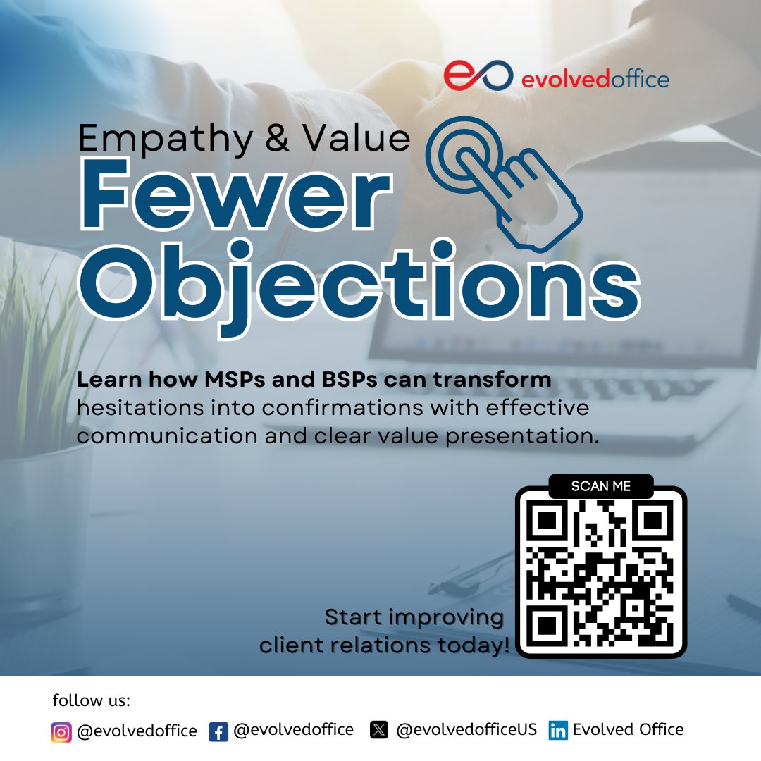 EvolvedOfficeUS's tweet image. Empathy + clear value = fewer price objections! 💡 MSPs &amp;amp; BSPs can cut objections by 25% with better client communication. Turn "maybe" into "yes!" 🌟 Read more: bit.ly/3XD76NY  #ClientEmpathy #ValueProposition #OvercomeObjections #MSPStrategies #BusinessSuccess