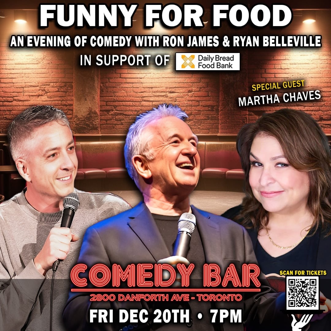 flozer's tweet photo. Hey Toronto! Catch 3 Canadian comedy legends, Ron James (@TheRonJamesShow), Ryan Belleville (@WorkinMoms) &amp; Martha Chaves in a hilarious evening of stand-up comedy supporting @DailyBreadTO.
📅 Dec 20, 7-8:30 PM
📍 Comedy Bar Danforth
🎟 https://t.co/elvbEp3Qaq https://t.co/mA1oGr54VH