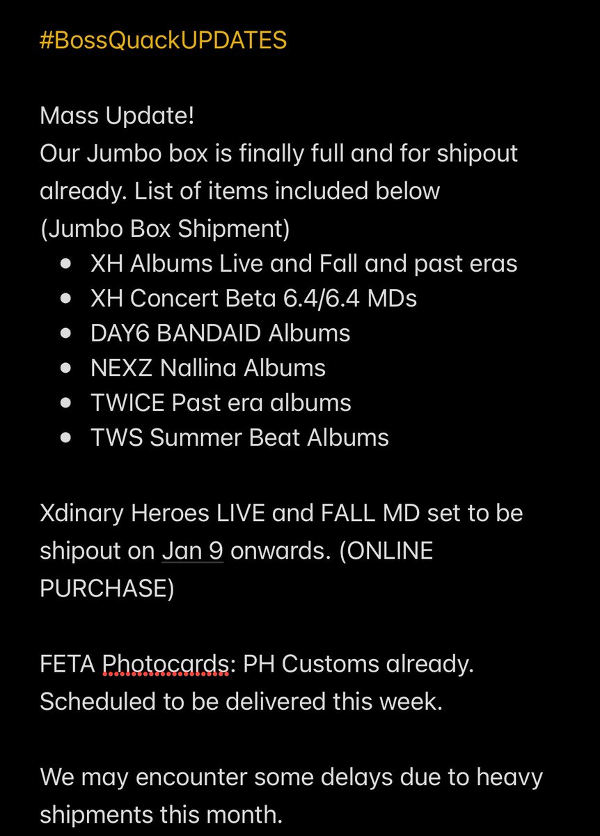 btbonlineph's tweet photo. #BossQuackUPDATES 

Mass Update! 

Xdinary Heroes LIVE and FALL MD set to be shipout on Jan 9 onwards. (ONLINE PURCHASE) 

FETA Photocards: PH Customs already. Scheduled to be delivered this week. 

We may encounter some delays due to heavy shipments this month. https://t.co/ydGIy2Q2lT