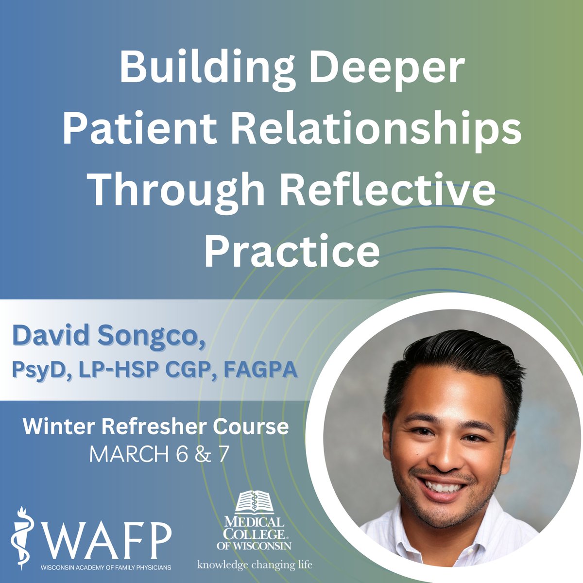 Strengthen patient relationships and enhance empathy in practice. Join Dr. David Songco, PsyD, and team at the Winter Refresher Course for an interactive session on reflective practice in family medicine. 

Early Bird Registration: wafp.org/upcoming-event…