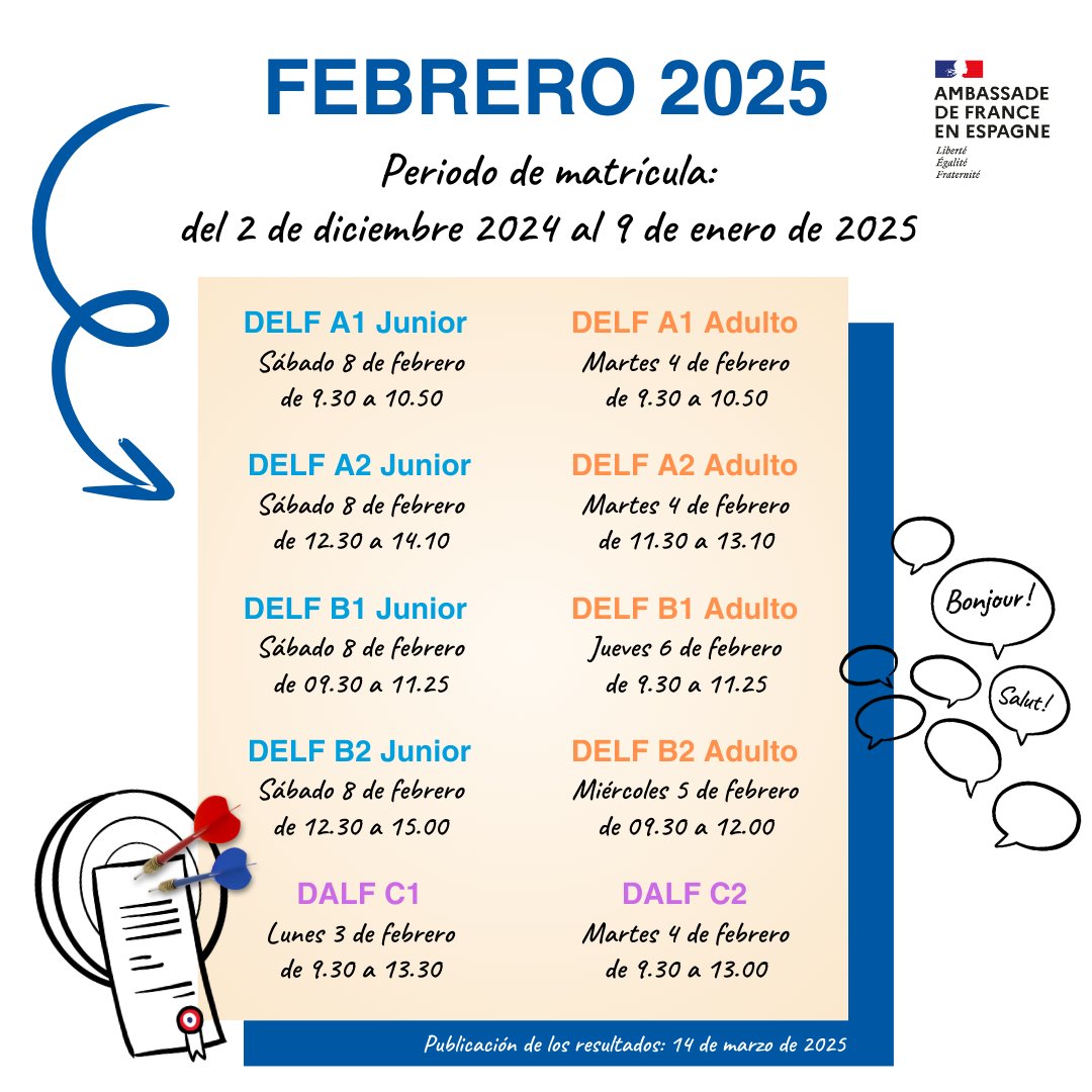 ✨El periodo de inscripción ✍️ para los exámenes oficiales #DELF #DALF 🇫🇷de la convocatoria de febrero 2025 está abierto. 

🗓️Consulta las fechas, tasas y encuentra tu centro de examen más cercano en nuestra página web.