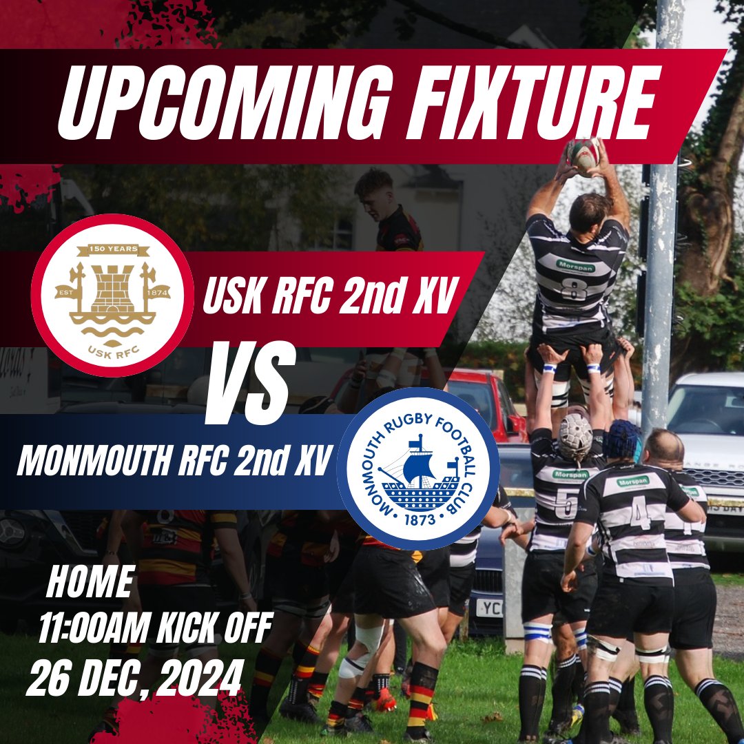 Boxing Day Derby! 🏉🥊

🏰 Usk RFC 2nd XV v <a href="/MonmouthRFC/">Monmouth RFC</a>  2nd XV (H)
🕑 KO: 11:00am
📍 Red Shed Meadow, Usk RFC

Come along and support the boys 💪

#UskRugby #UskRFC #150Years #Rugby #WalesRugby