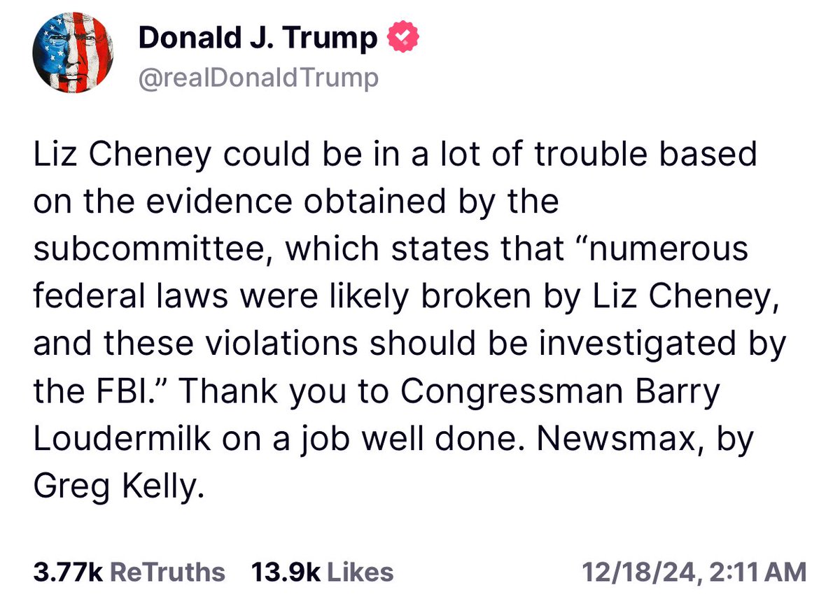 "Numerous fed laws were likely broken by Liz Cheney"

Donald Trump is not holding back. 😂