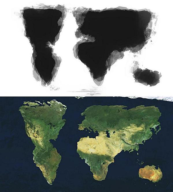 30 people tried drawing the world from memory... the merged results looked like this