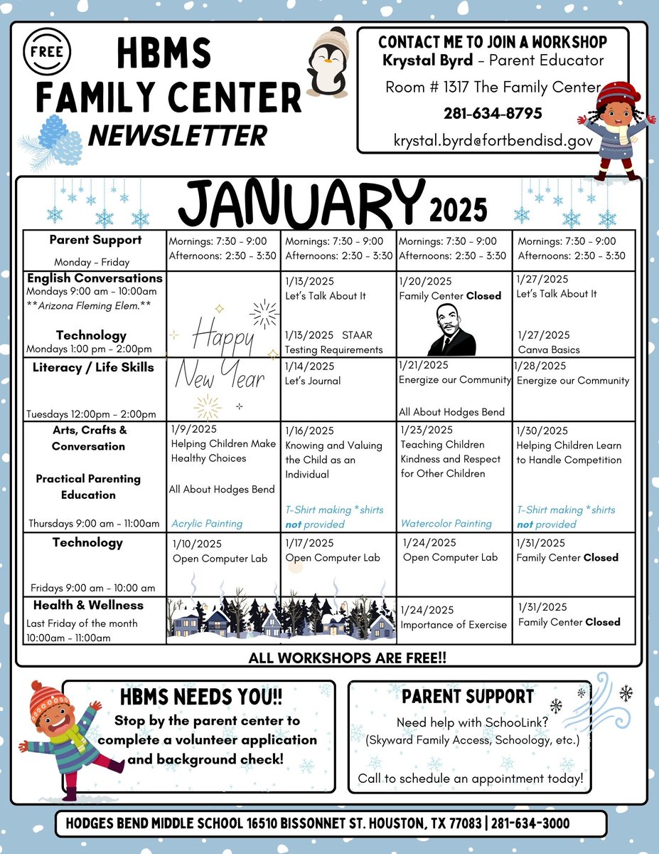 HBMS_Warriors's tweet photo. 🎉 The Family Center’s January Newsletter is here! 📬 Check it out for exciting updates and join one of our FREE workshops this month! Let’s learn, grow, and thrive together! 🌟 Don’t miss out—come be a part of the fun! 🙌 #FamilyCenter #FreeWorkshops #HBMS https://t.co/5WdydfRPFP