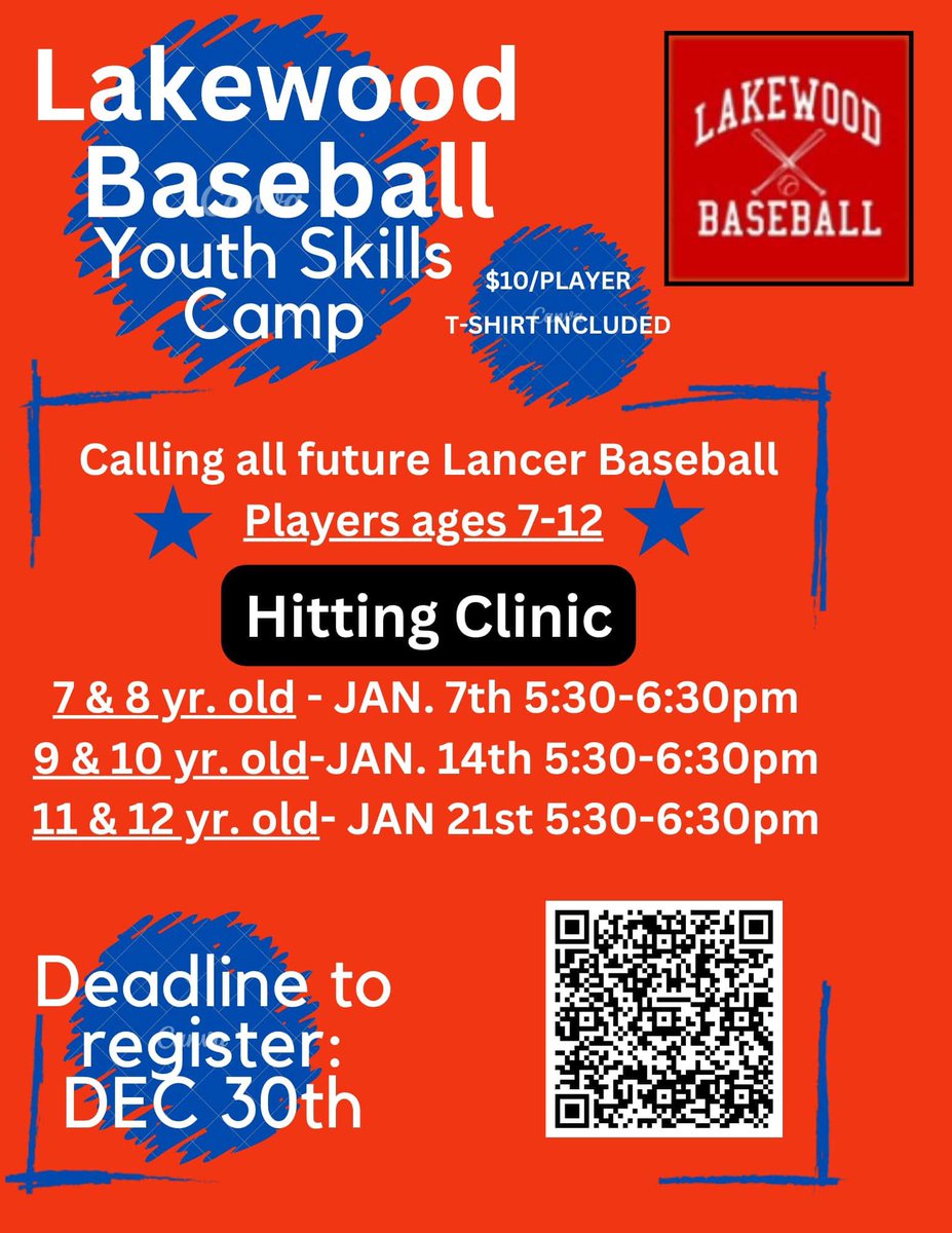 Lakewood Baseball is hosting a youth camp next month!  Don’t miss out!!