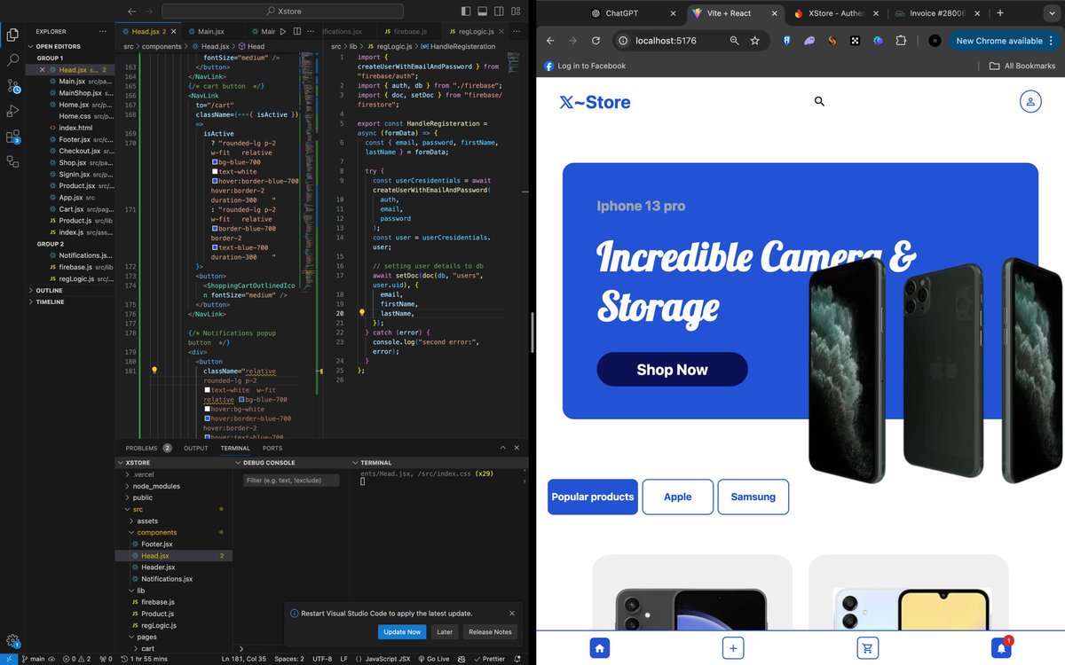 Eche_codes's tweet photo. Today 

I added user Auth on my ecomm ✅
Uploaded user cresidential to db ✅
Handled any possible error ✅
Added a welcome notification ✅
Installed and set every dependency needed for my portfolio ✅

Let’s keep growing and building !! https://t.co/7DGkcPfjn8