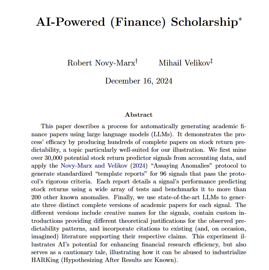 emollick's tweet photo. Researchers used AI to generate 288 complete academic finance papers predicting stock returns, complete with plausible theoretical frameworks &amp; citations. Each paper looks legit.

They did this to show how easy it now is to mass produce "credible" research. Academia isn't ready. https://t.co/1xPwf8dqjC