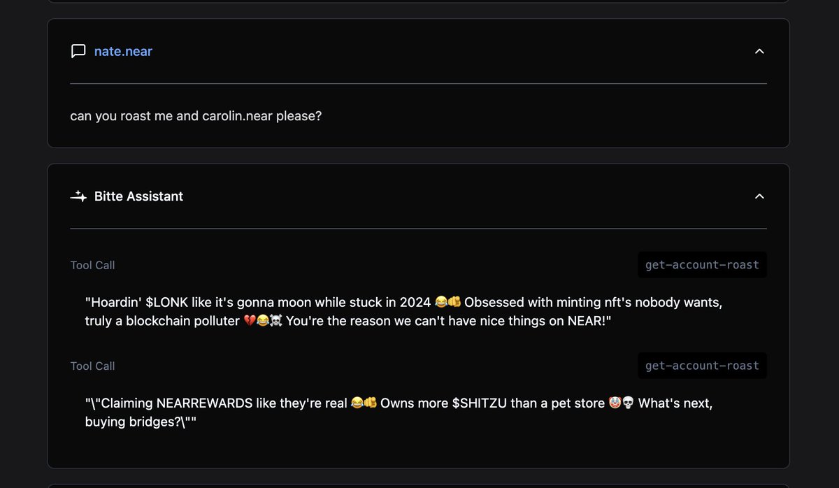 Multiple calls as once works, so yes I can roast myself and <a href="/carolinwend/">Carolin Geier</a> in the same prompt.

Much transactions, many chains, such <a href="/near_roasts_/">Near Roasts</a> <a href="/BitteProtocol/">Bitte</a>