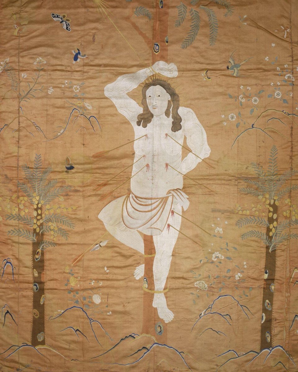 The Martyrdom of St. Sebastian. Panel made of satin silk embroidered with colored silks. Originating from Guangzhou, Macau, or the Philippines during the Qing dynasty, between 1700-1825. Dimensions: 138 x 172.5 cm.