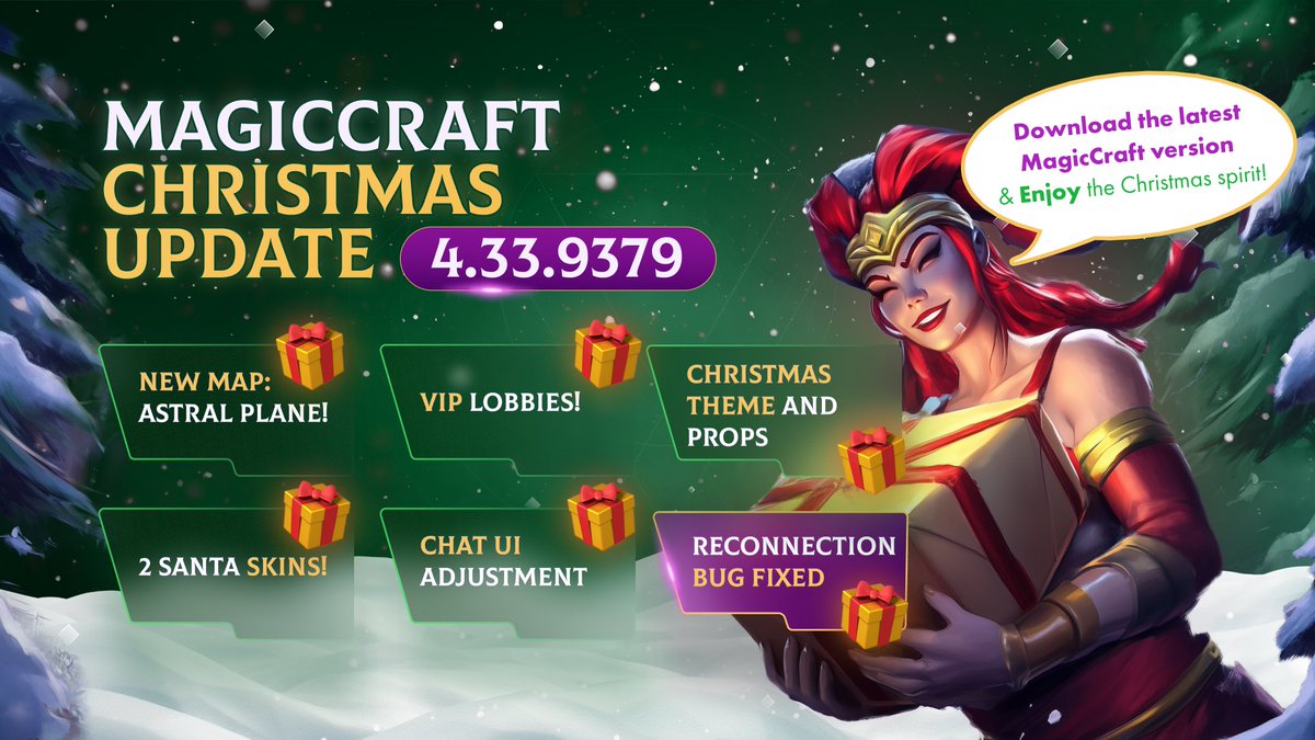 MagicCraftGame's tweet photo. MagicCraft Christmas Update 4.33.9379 is live! 🎅

New in-game Christmas Additions for you! 🎄🎁
•⁠  ⁠New Map: Astral Plane!
•⁠  ⁠⁠VIP Lobbies!
•⁠  ⁠⁠Christmas Theme and Props
•⁠  ⁠⁠2 Santa skins!
•⁠  ⁠⁠Chat UI Adjustment
•⁠  ⁠⁠Reconnection bug fixed

Update to the latest MagicCraft version now to enjoy the Christmas spirit! 🎉