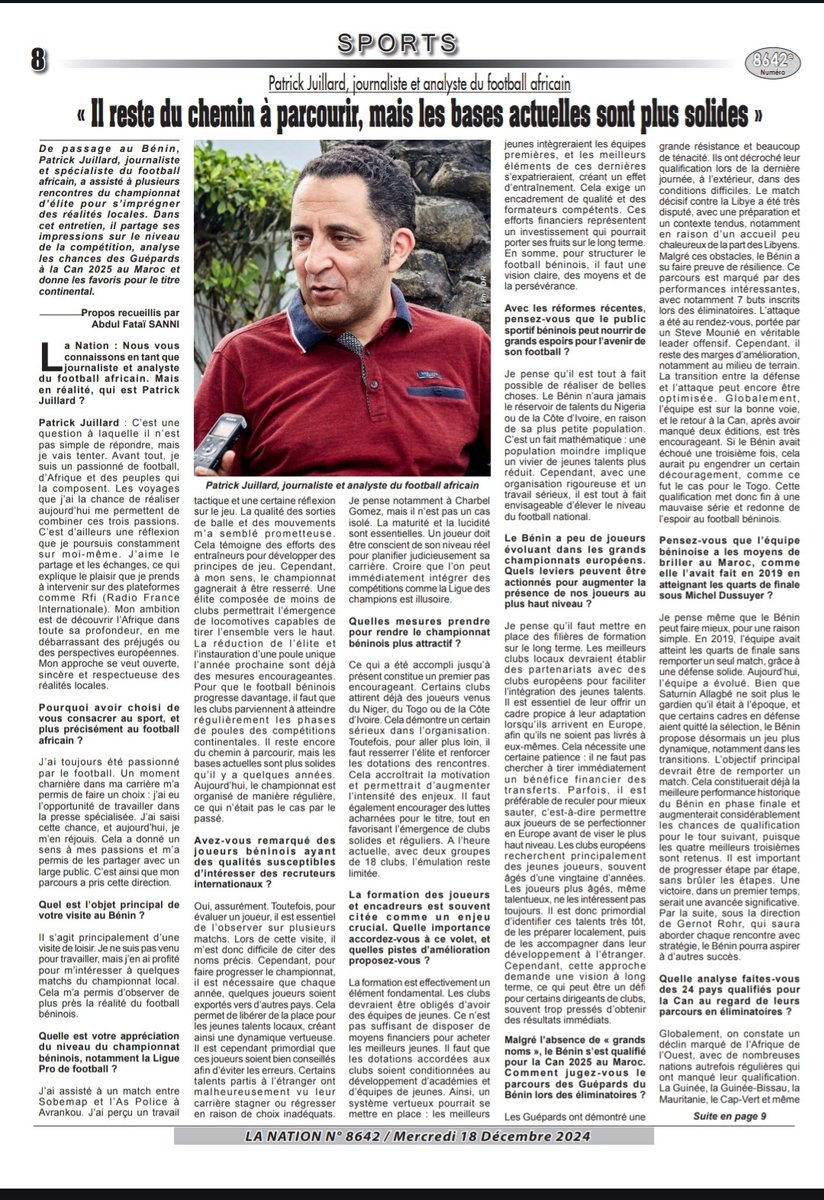 Nabil_djellit's tweet photo. Riche entretien de @PatrickJuillard lors de son passage au Bénin au quotidien  "La Nation". Aucun sujet éludé sur le football africain et... la première question est fabuleuse ! https://t.co/e5bCFZui4y