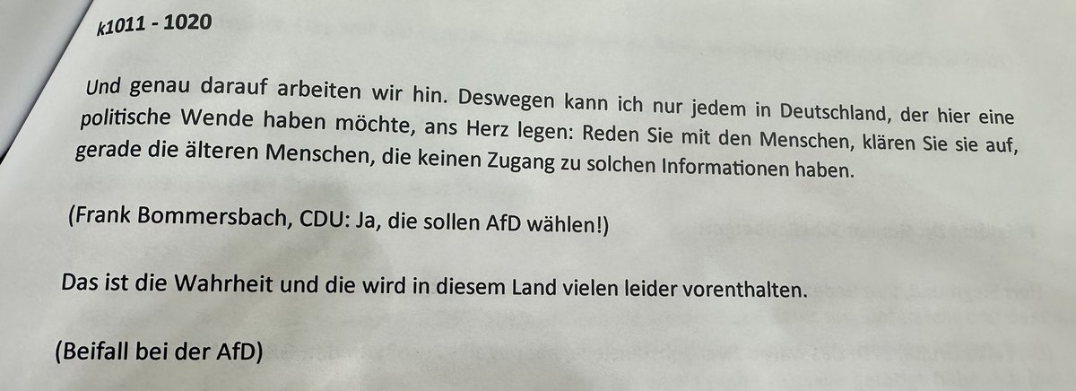 Ulrich Siegmund (@ulrichsiegmund) on Twitter photo Frank Bommersbach (CDU) setzt sich per Zwischenruf dafür ein, dass insbesondere ältere Menschen AfD wählen sollen.
Offenbar gibt es eine erste Selbstreflexion bei der CDU…
Ein Lichtblick im <a href="/Landtag_LSA/">LT Sachsen-Anhalt</a>! Jetzt heißt es weitersagen und aufklären 😉 Frank Bommersbach (CDU) setzt sich per Zwischenruf dafür ein, dass insbesondere ältere Menschen AfD wählen sollen.
Offenbar gibt es eine erste Selbstreflexion bei der CDU…
Ein Lichtblick im <a href="/Landtag_LSA/">LT Sachsen-Anhalt</a>! Jetzt heißt es weitersagen und aufklären 😉