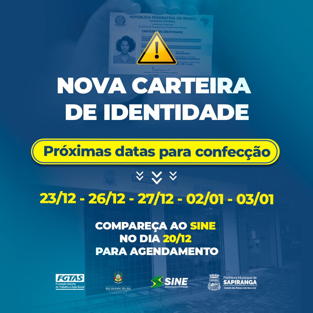 📷 Os agendamentos do IGP para confecção da carteira de identidade sofrem alteração nas próximas semanas.
Fique atento:
📷23/12 - horários das 7h às 12h
📷26/12 - 27-12 - 02/01  e 03/01 - das 7h às 15h30.
O horário deve ser marcado presencialmente no Sine, na próxima sexta-feira,