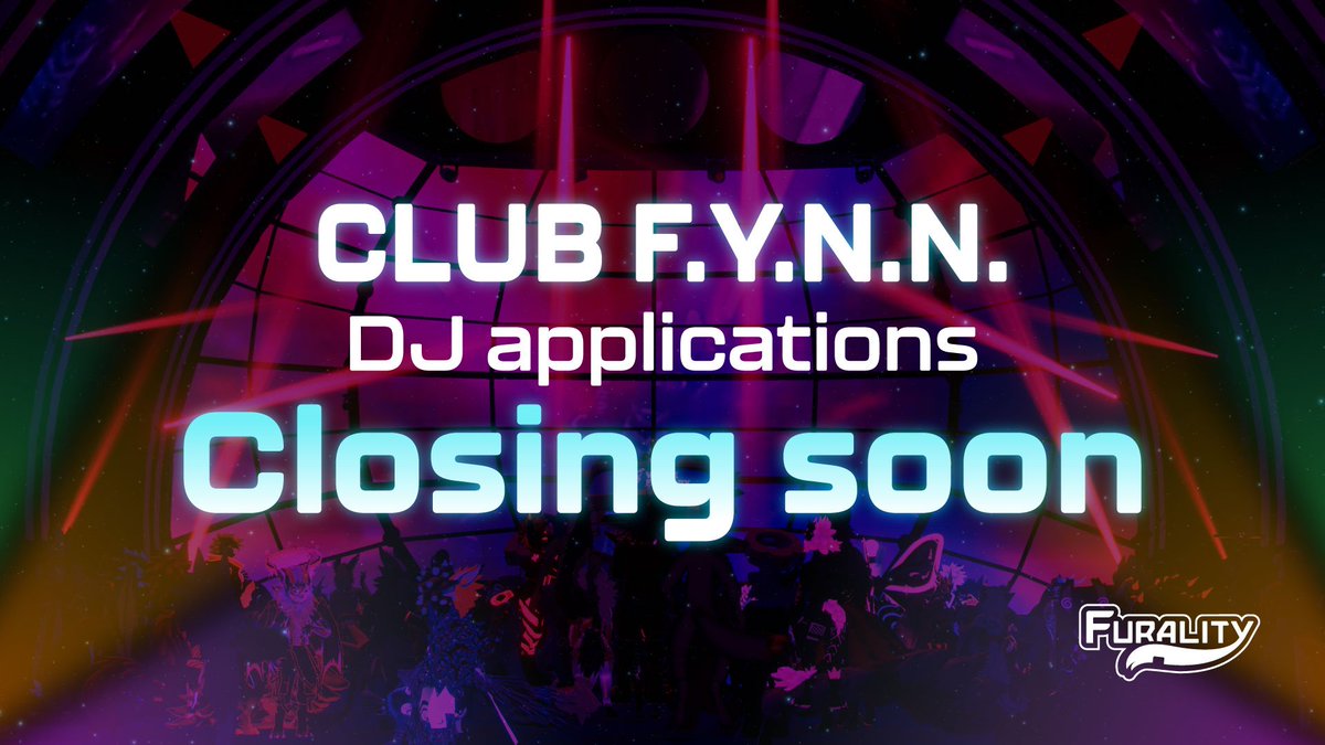 Hey DJs! Don't forget, the final deadline for 2025 #ClubFYNN demos is January 3rd, 11:59 pm EST! 👀

Any genre is eligible: we want to hear the music that YOU'RE most excited to mix. 💙 

Application link and DJ Criteria video below!

#Furality #VRChat

(1/2)