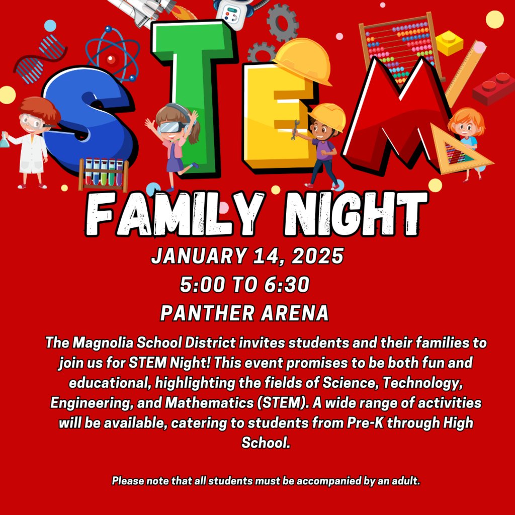 Magnolia_SD's tweet image. Save the Date for the Second Annual STEM Family Night!!
📆 January 14, 2025 
⏰ 5:00 PM - 6:30 PM
📍 Panther Arena