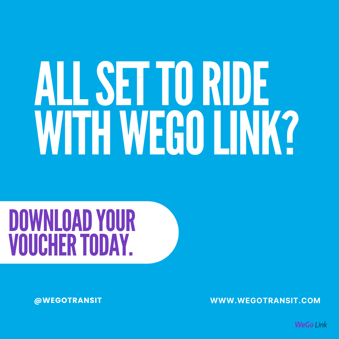 WeGoTransit's tweet photo. 🚗 Hop on with WeGo Link! Getting to your bus stop just got easier. Download your voucher, schedule your ride, and you're all set! #RollwithWeGo #TransitTogether https://t.co/N5MQuSG3Yj