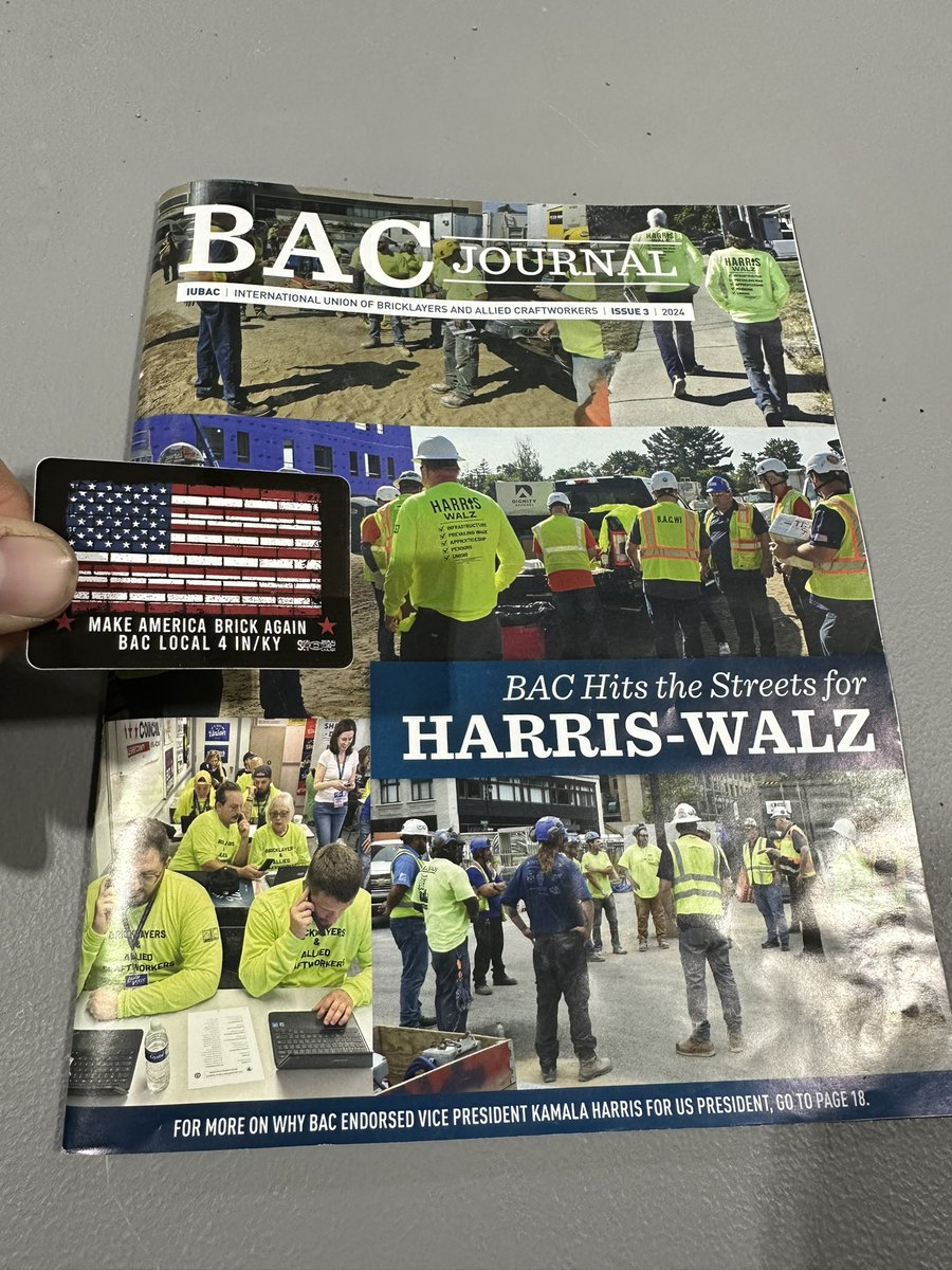 SethBronger's tweet photo. My local union made these stickers but they support(ed) Kamala…  “make America brick again” 🤦🏼‍♂️😂 https://t.co/8qS2gIvHyj