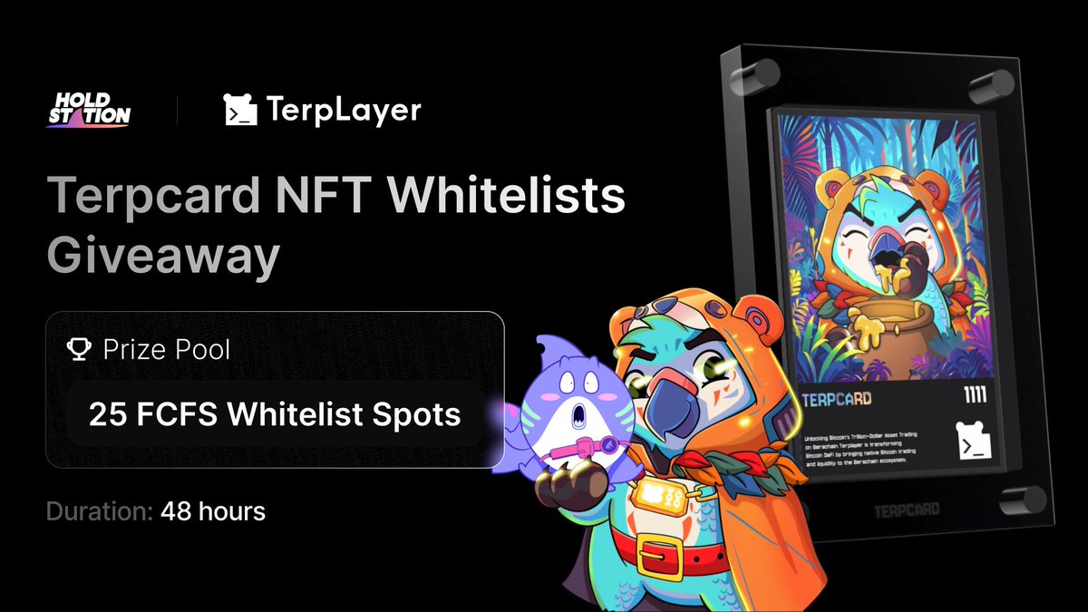 HoldstationW's tweet photo. 🐻 Ooga Booga, Beras! The Terpcard NFT Whitelist Giveaway is live! 🎉

#Holdstation & #TerpLayer have teamed up for 25 Terpcard NFT Mint FCFS WL Giveaway!

🪵 How to join:
1. Follow @terp_layer & @HoldstationW
2. Like & RT this post
3. Download the Holdstation app: https://t.co/jqfjPleQtN
4. Comment "Parrot XMAS" with a screenshot & your #Berachain bArtio Testnet address (from Holdstation Wallet)

⏰ 48 hours only!

Don’t miss out—get in on the action now! 🦜