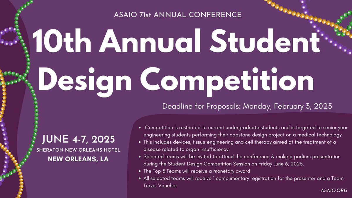 Submit your Proposal today for the 10th Annual Student Design Competition at the ASAIO 2025 Annual Conference!

Deadline: Monday, February 3, 2025

Submit Here: asaio.org/forms/2024/stu…

#studentdesign #ASAIO2025 #younginnovators