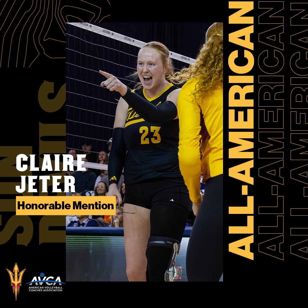 SunDevilVB's tweet photo. All-American Devils ‼️

Congratulations to @CyrAngelique , @clairejeterr and @mshroll9 for being named @AVCAVolleyball Honorable Mention All-Americans! 👏

#ForksUp https://t.co/Jr3wBciDQi