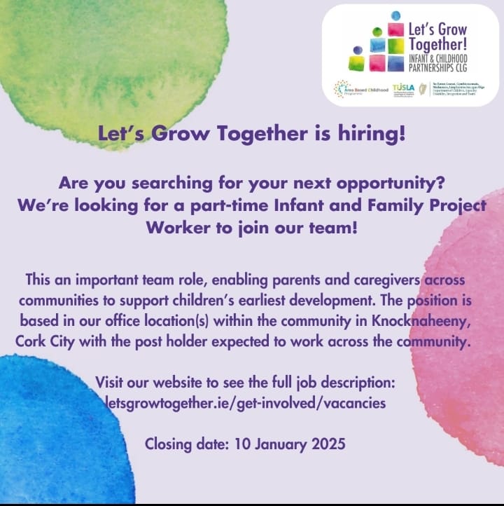 📢📢We're hiring!!!

Join our team as a part time Infant Family Project Worker supporting parents and caregivers across our community to nurture their babies early development through relationships ❤️

For all details please follow the link below 👇🏼 

letsgrowtogether.ie/get-involved/v…