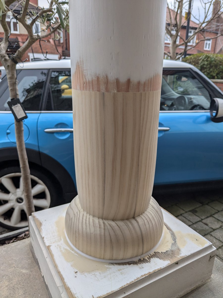Porch posts repaired in Gosforth with new Accoya turned sections. Acrowed the porch up about 6mm drilled a hole in the base of the old section to take the small pin on the top of the new. Glued up then slid it onto the base and lowered the porch onto it.