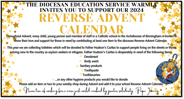 StPatsStEdsPS's tweet photo. Many thanks to all of those parents who donated to our ‘Reverse Advent Calendar’ appeal for @FatherHudsons 
We will be delivering your donations to their Head-quarters in Coleshill this week. https://t.co/JrOXeCGcIe