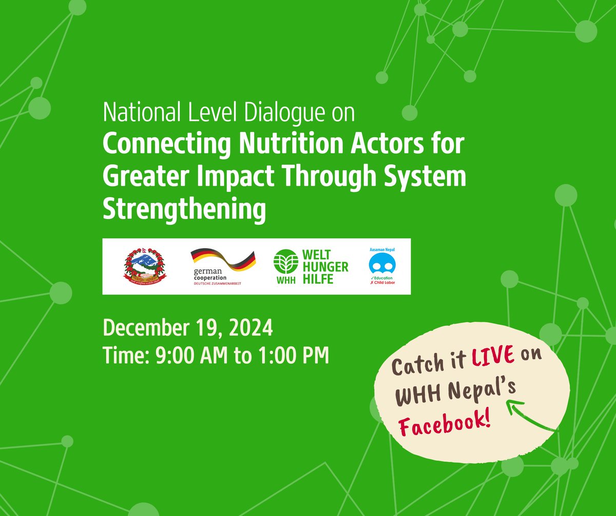 WHH Nepal - Welthungerhilfe (@whh_nepal) on Twitter photo ๐นJoin us live to explore nutrition integration, governance, and stakeholder engagement for stronger systems aligned with MSNP III!
Mark your calendars for tomorrow, December 19, 2024, from 9:00 a.m. to 1:00 p.m.! โฒ๏ธ
๐facebook.com/Welthungerhilfโฆ
<a href="/BMZ_Bund/">Bundesentwicklungsministerium</a> <a href="/Welthungerhilfe/">Welthungerhilfe (WHH)</a> @asmnepal ๐นJoin us live to explore nutrition integration, governance, and stakeholder engagement for stronger systems aligned with MSNP III!
Mark your calendars for tomorrow, December 19, 2024, from 9:00 a.m. to 1:00 p.m.! โฒ๏ธ
๐facebook.com/Welthungerhilfโฆ
<a href="/BMZ_Bund/">Bundesentwicklungsministerium</a> <a href="/Welthungerhilfe/">Welthungerhilfe (WHH)</a> @asmnepal