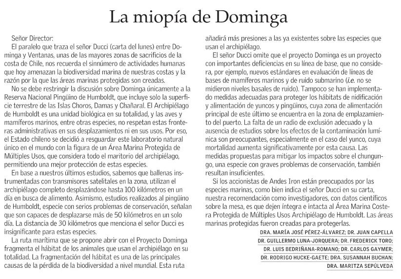 #NoADominga | "La ruta marítima que se propone abrir con el Proyecto Dominga fragmenta el hábitat de los animales que usan el archipiélago en su totalidad. La fragmentación del hábitat es una de las principales causas de la pérdida de la biodiversidad a nivel mundial".

📰 El