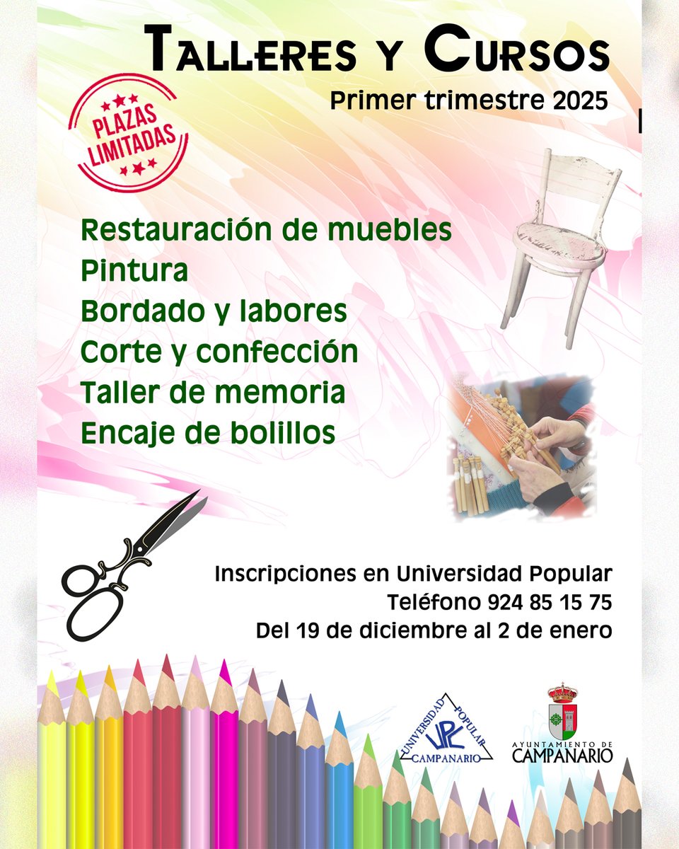 Ya está abierto el plazo de inscripción para participar en los talleres y cursos que pone en marcha la Universidad Popular. Las inscripciones para los cursos del primer trimestre de 2025 se cierran el 2 de enero.