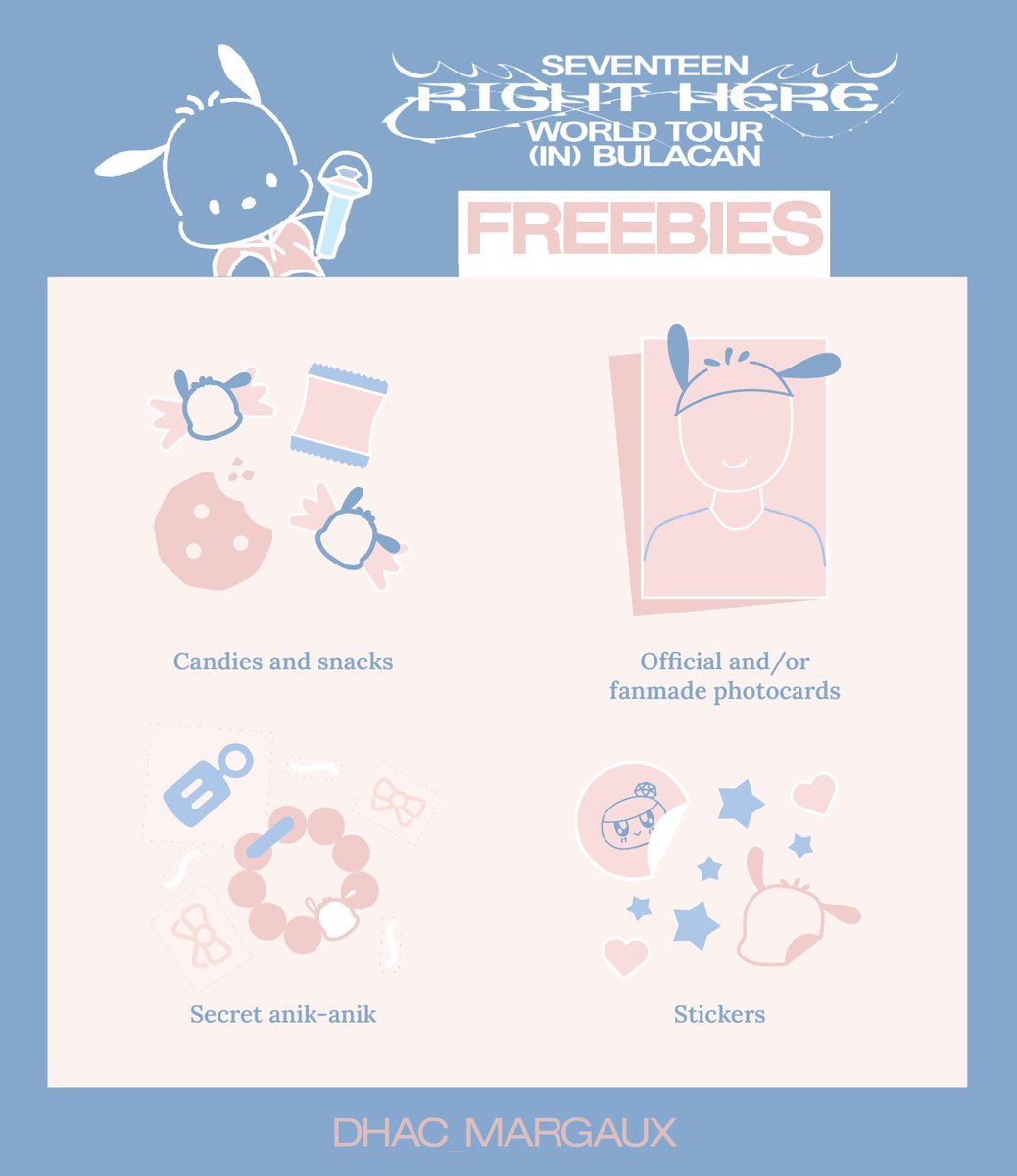 dhac_margaux's tweet photo. Pochacco x SVT Freebies in Seventeen Right Here Tour Bulacan 17RH by yours truly 😊

- day 1 &amp; 2
- time location TBA
- strictly 1:1 (limited qty)
- open for trade (DM is key)
- like &amp; retweet, will appreciate if you follow too

See you 🐶

#SEVENTEEN_RIGHT_HERE_IN_BULACAN https://t.co/1TXwmxHe1q