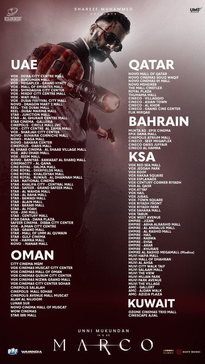 Iamunnimukundan's tweet image. #Marco UAE/GCC theatre list! 

Bookings Open Now! 👍🏼

#MarcoDec20