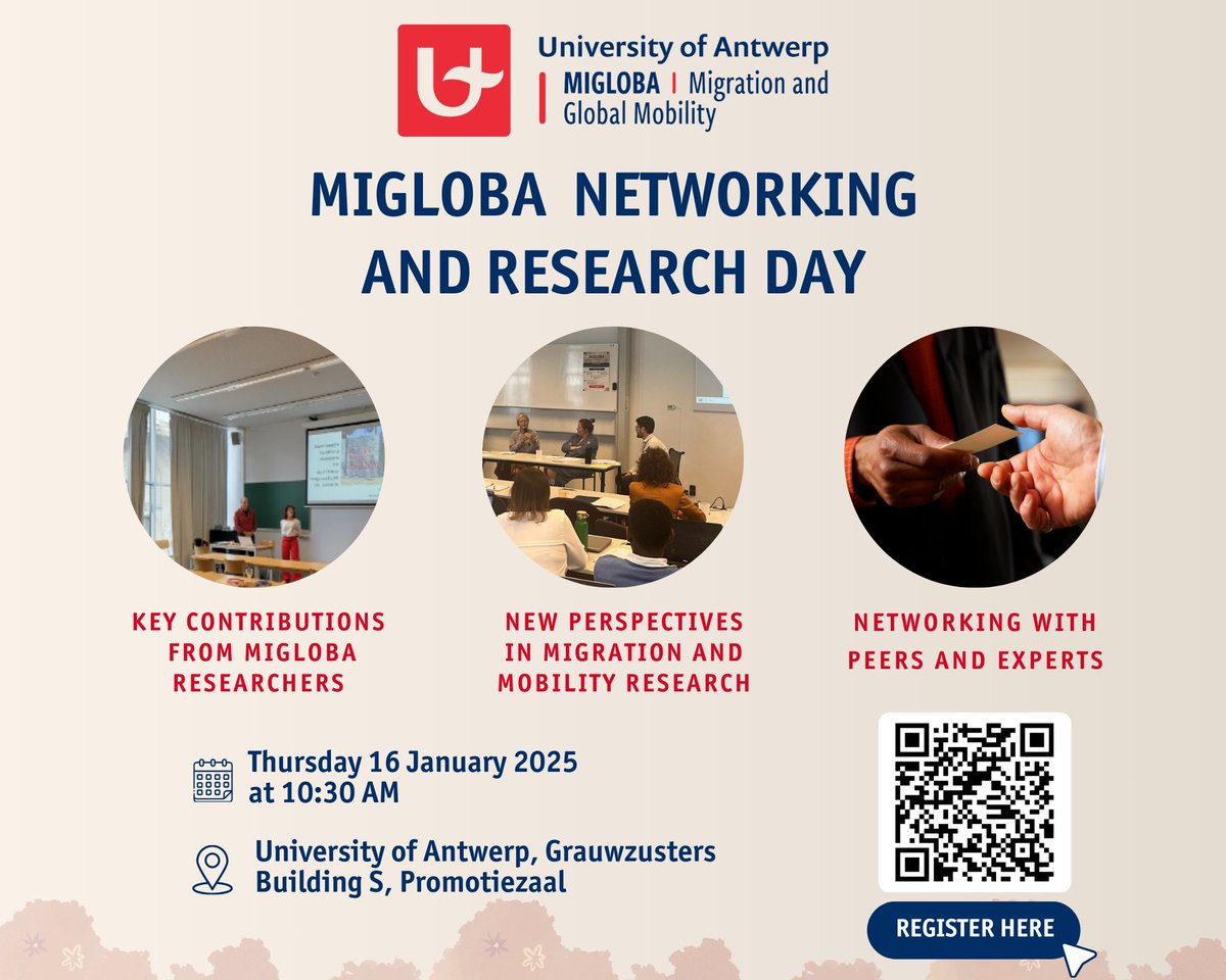 Migloba: Network on Migration and Global Mobility (@migloba) on Twitter photo Join us for MIGLOBA Day!
📅 Thursday, 16 January 2025
📍 University of Antwerp
Explore <a href="/migloba/">Migloba: Network on Migration and Global Mobility</a> 's #research themes with #Mobility & #Migration researchers, followed by lunch & #Networking !
Info & registration: tinyurl.com/4e8xm8ey
tinyurl.com/yc4xdpa4 Join us for MIGLOBA Day!
📅 Thursday, 16 January 2025
📍 University of Antwerp
Explore <a href="/migloba/">Migloba: Network on Migration and Global Mobility</a> 's #research themes with #Mobility & #Migration researchers, followed by lunch & #Networking !
Info & registration: tinyurl.com/4e8xm8ey
tinyurl.com/yc4xdpa4