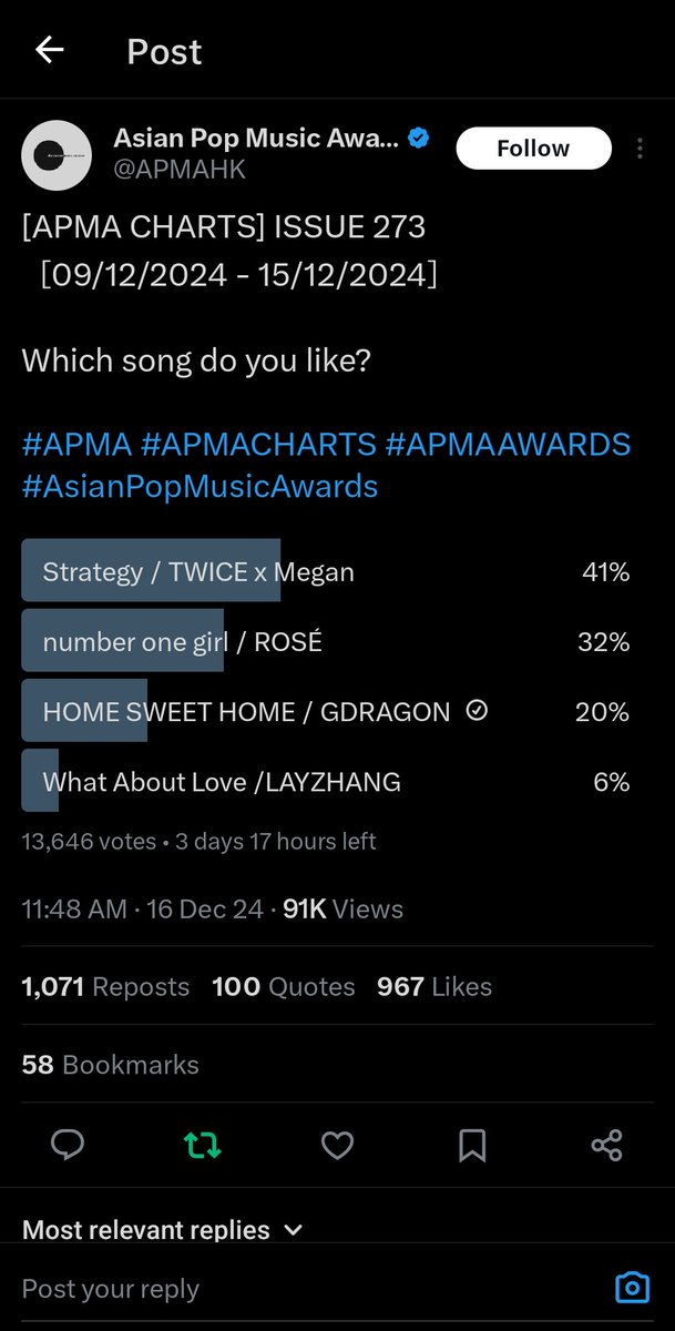 funzeeshu's tweet photo. @APMAHK Asian Pop Music Awards 2024: People’s Choice Award
#APMA2024 #HOMESWEETHOME by #GDRAGON feat. #TAEYANG and #DAESUNG @APMAHK
 
✅ Vote for G-DRAGON and make sure to copy and paste the hashtag set. Thanks! 🫰🏻 https://t.co/scuXjXz5t4