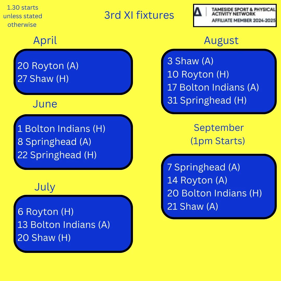 Our 3rd XI fixtures in the GMCL open league for 2025

Plenty of games for our emerging talents and established players to sink their teeth into
