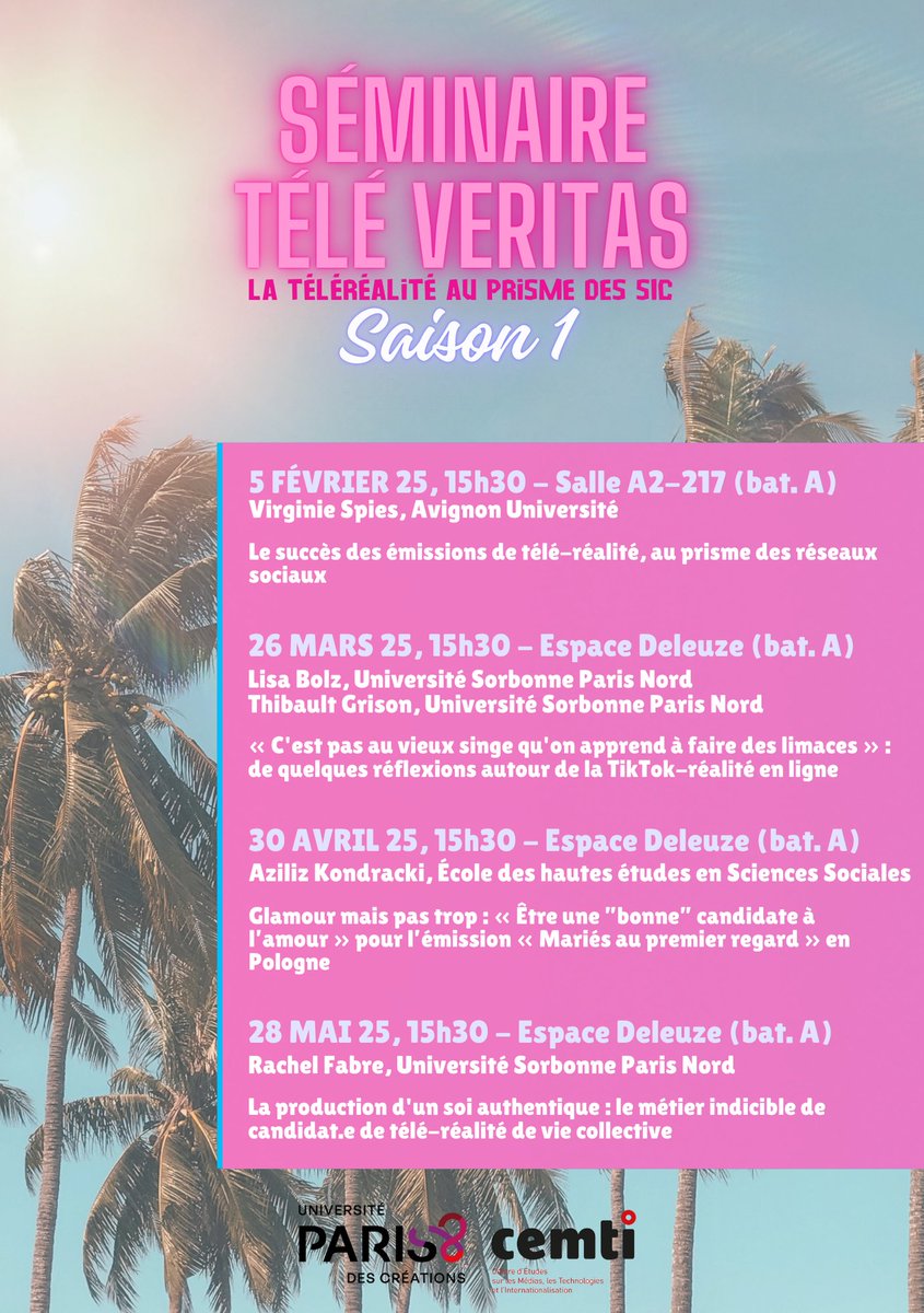 Irène Despontin Lefèvre (@irene_deslef) on Twitter photo Très heureuse de vous présenter le programme du séminaire Télé Veritas, la télé-réalité au prisme des SIC, que nous organisons avec <a href="/anna_tible/">Anna Tible</a> <a href="/cemti_paris8/">CEMTI</a> !
Hâte d'échanger avec vous ! 🔥
<a href="/semioblog/">Virginie Spies</a> <a href="/lisabolz/">Lisa Bolz</a> <a href="/thibo_grison/">Thibault Grison 🏳️🌈</a> <a href="/Rachel_Fbr/">Rachel Fabre</a> Très heureuse de vous présenter le programme du séminaire Télé Veritas, la télé-réalité au prisme des SIC, que nous organisons avec <a href="/anna_tible/">Anna Tible</a> <a href="/cemti_paris8/">CEMTI</a> !
Hâte d'échanger avec vous ! 🔥
<a href="/semioblog/">Virginie Spies</a> <a href="/lisabolz/">Lisa Bolz</a> <a href="/thibo_grison/">Thibault Grison 🏳️🌈</a> <a href="/Rachel_Fbr/">Rachel Fabre</a>