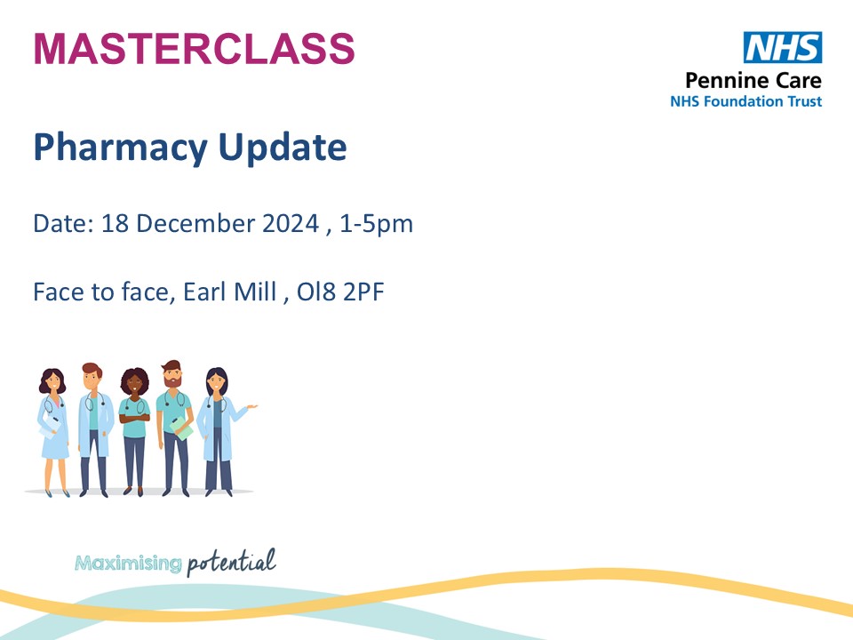 Pennine Care Medical Education (@penninemeded) on Twitter photo Today's Masterclass on "Pharmacy Update" is Face to Face being delivered at 1pm-5pm Do not forget to join
<a href="/PennineCareNHS/">Pennine Care NHS FT</a> Today's Masterclass on "Pharmacy Update" is Face to Face being delivered at 1pm-5pm Do not forget to join
<a href="/PennineCareNHS/">Pennine Care NHS FT</a>