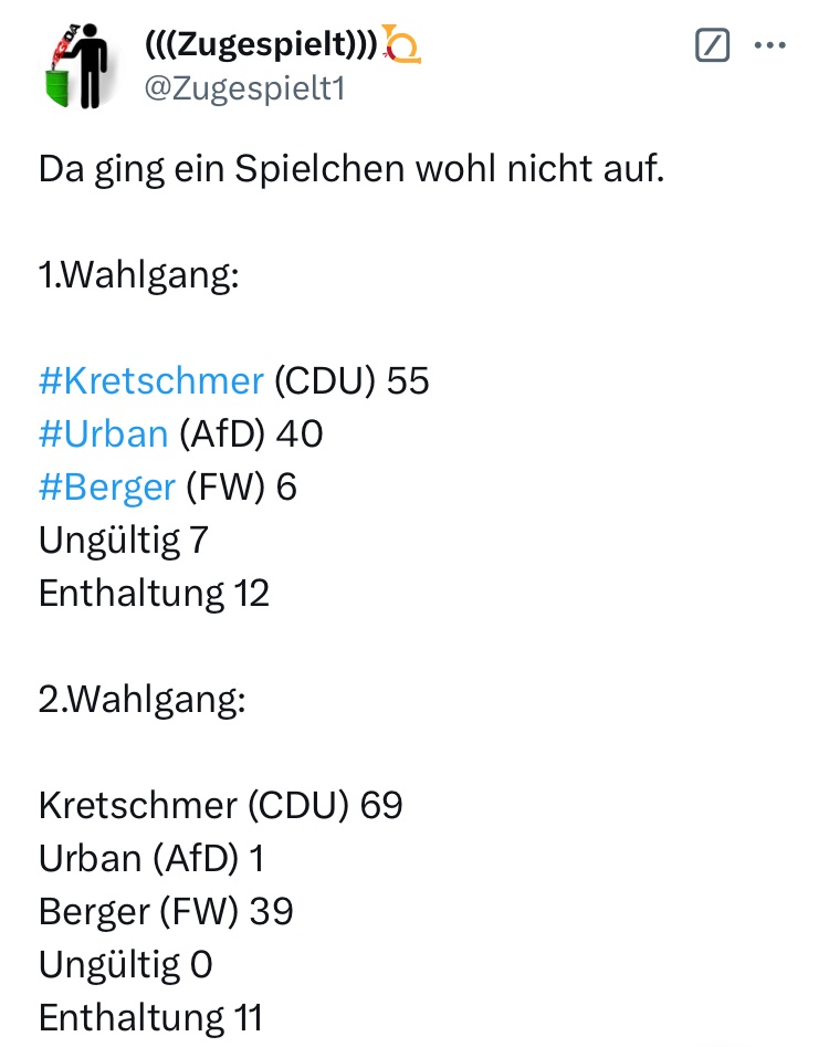 Die #AfD hat heute im 2. Wahlgang versucht, auf hinterhältige Weise den #FreienWähler Berger ins Ministerpräsidentenamt zu wählen. Trotz eigener Kandidatur stimmte man für Berger.

Das misslang, weil die demokratischen Kräfte inkl. #BSW mehrheitlich #Kretschmer wählten.
#Sachsen