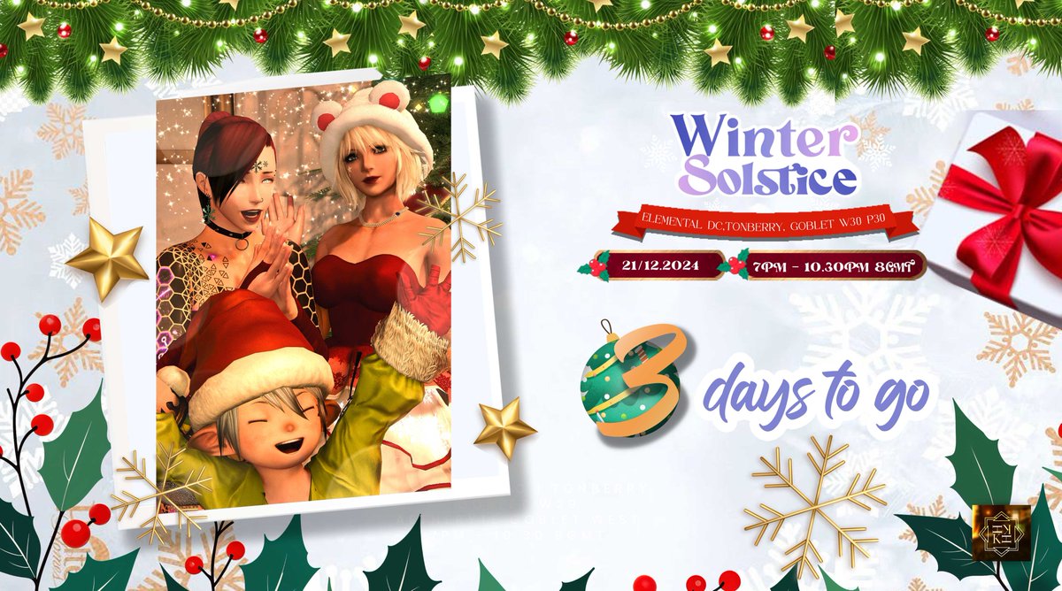 kawagoeFFXIV's tweet photo. 3 days until the magic begins ✨
Winter Solstice V2.0 in Kawagoe is on 21/12. 🎄
Santa Elves will be spreading holiday cheer with gift giveaways! Look for them and grab yours!  

https://t.co/QnYYpHxrxc

#FFXIVRP #ElementalIDC #MeteorDC #GaiaDC #ManaDC #kawagoeFFXIV https://t.co/nmGx4brUga