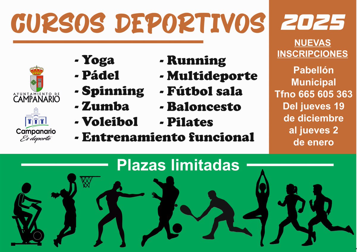 Os recordamos que está abierta la inscripción para los cursos deportivos que pone en marcha la concejalía de Deportes para el primer trimestre de 2025. El plazo finaliza el 2 de enero.