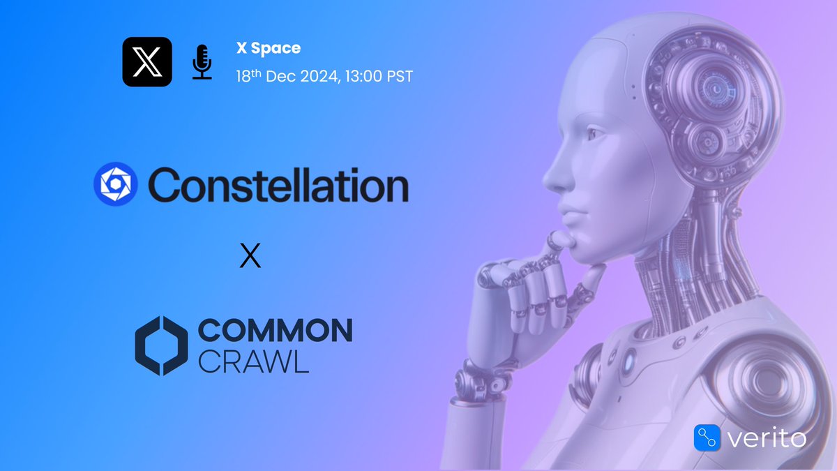 $DAG #HGTP #AmericasBlockchain

<a href="/Conste11ation/">Constellation Network</a> x <a href="/CommonCrawl/">Common Crawl Foundation</a> 

X Space! 🎙️ Today at 13:00 PST 🔔

Join the conversation about the future of AI and LLM’s! 🤖 (hint - it’s immutable and on-chain with the Hypergraph Transfer Protocol 😉)

🌐⛓️

$ETH $SOL $ADA $XRP $XLM $SUI