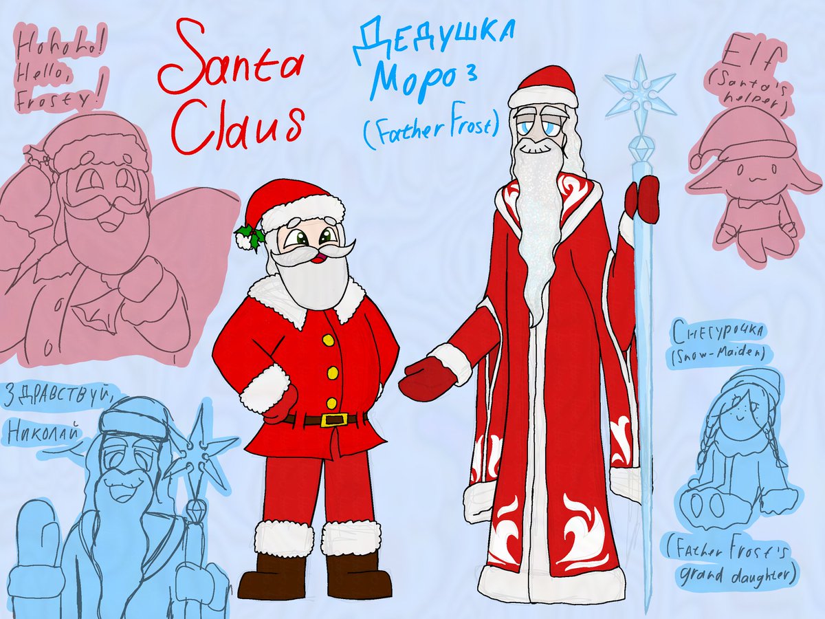 LianaTrofimenko's tweet photo. I drew #SantaClaus and #FatherFrost together!:D Because Christmas and New year are about unity, not politics UwU
For those, who don't know, Father Frost, aka Дедушка Мороз, is like Santa but in Russian and CIS countries' folklore
(They are sworn brothers, change my mind) https://t.co/GmSGkyDNs5