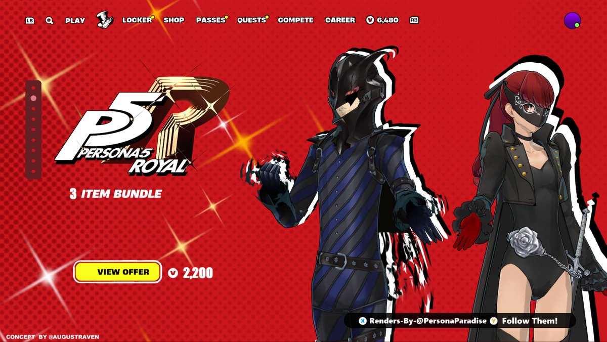 AugustRaven's tweet photo. FORTNITE X PERSONA 5 ROYAL (CONCEPT)

PERSONA 5 MINIPASS

THREE BUNDLES 

SHUJIN BUNDLE 
PHANTOM THIEVES BUNDLE 
ROYAL BUNDLE

MINIPASS REWARDS BELOW

CONCEPT BY 
@AUGUSTRAVEN

RENDERS BY 
@PERSONAPARADISE!
 (Give them a follow!!!)
#PERSONA5 #PERSONA5ROYAL #FORTNITE #WINTERFEST https://t.co/PhdQSHwnH8
