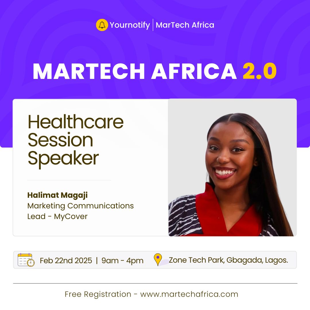 yournotify's tweet photo. 🌟 Meet @thehalimat 
Marketing Lead at MyCover!

She’s transforming healthcare marketing with Martech.

🗓 Feb 22, 2025
📍 Zone Tech Park, Lagos

👉 https://t.co/5qcuiVziAf

#MartechAfrica #HealthcareMarketing #Martech2.0 #Yournotify #techevent https://t.co/A2U8TnVJSr