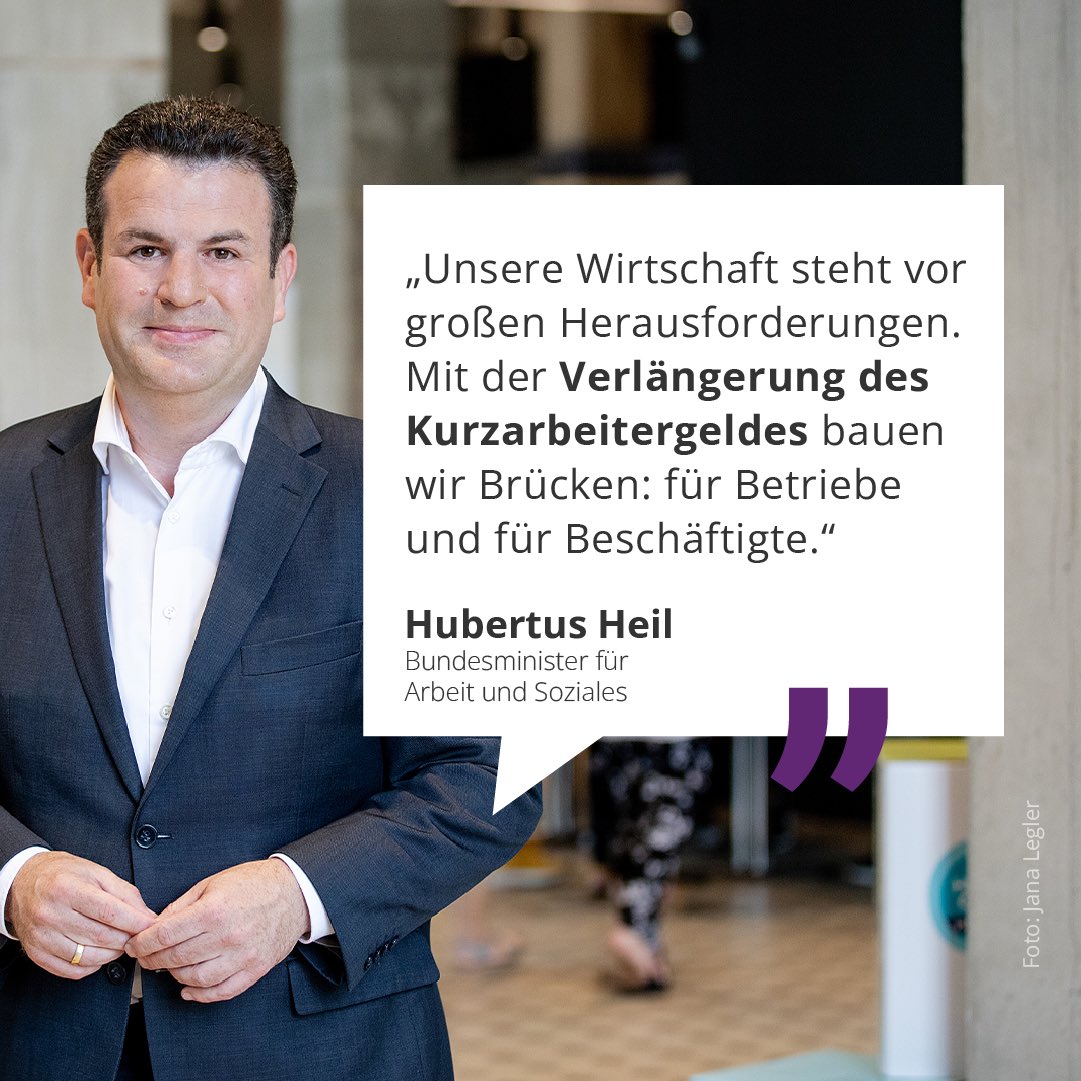 Bundesministerium für Arbeit und Soziales (@bmas_bund) on Twitter photo Die Bezugsdauer für das #Kurzarbeitergeld wird auf bis zu 24 Monate verlängert. Das hat das Kabinett per Verordnung beschlossen. Ziel: Betrieben in schwierigen Zeiten mehr Planungssicherheit geben, um erfahrene & eingearbeitete Beschäftigte halten zu können, so BM <a href="/hubertus_heil/">Hubertus Heil</a>. Die Bezugsdauer für das #Kurzarbeitergeld wird auf bis zu 24 Monate verlängert. Das hat das Kabinett per Verordnung beschlossen. Ziel: Betrieben in schwierigen Zeiten mehr Planungssicherheit geben, um erfahrene & eingearbeitete Beschäftigte halten zu können, so BM <a href="/hubertus_heil/">Hubertus Heil</a>.