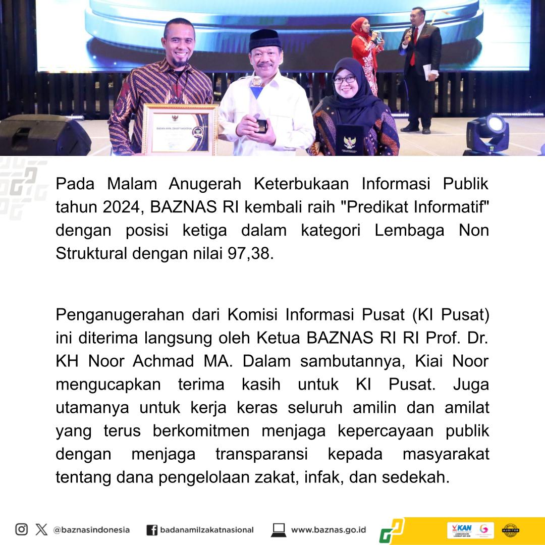 baznasindonesia's tweet image. Semoga penghargaan ini bisa menjadi motivasi bagi BAZNAS untuk terus konsisten dalam meningkatkatkan mutu pelayanan dan pengelolaan zakat, indak, dan sedekah agar manfaatnya bisa dirasakan oleh masyarakat yang lebih banyak lagi.

#BAZNAS #KIPusat #KomisiInformasiPusat