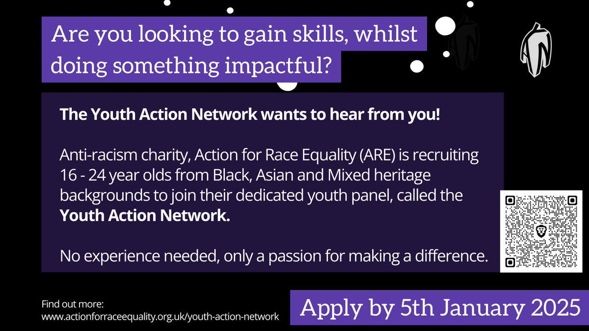 Want to do something different next year?

We're looking 16-24 year olds from Black, Asian and Mixed heritage backgrounds to join our Youth Action Network.

👉No experience necessary
👉Paid the LLW
👉Gain skills whilst making a difference

actionforraceequality.org.uk/opportunity-yo…